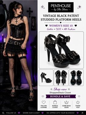 Penthouse by Ellie Shoes Vintage Black Patent Studded Platform Heels
